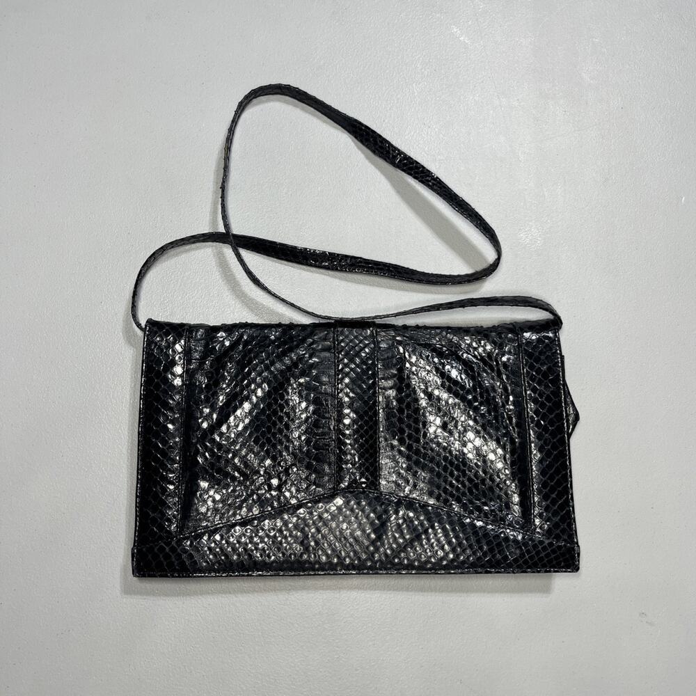 Snakeskin Clutch Shoulder Bag Purse Black Folder Over Removeable Strap
